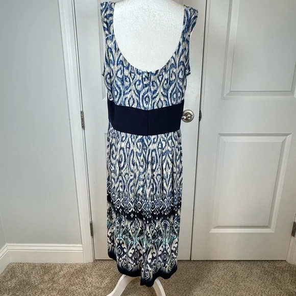 R&M Richards Blue Ikat Empire Waist Midi Dress 18 Resort Cruise Vacation Summer - Picture 4 of 9